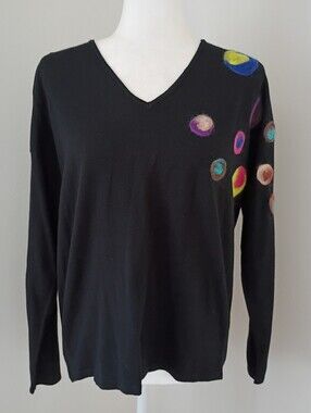 Elena Wang Colorful Dot Black V-Neck Sweater NWT Size Small